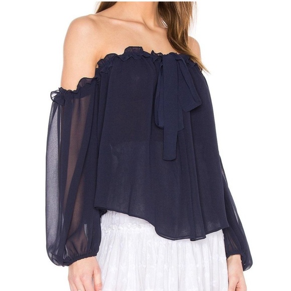 MISA Los Angeles Black Livey off the shoulder top with ruffled trim & front tie - Picture 1 of 10